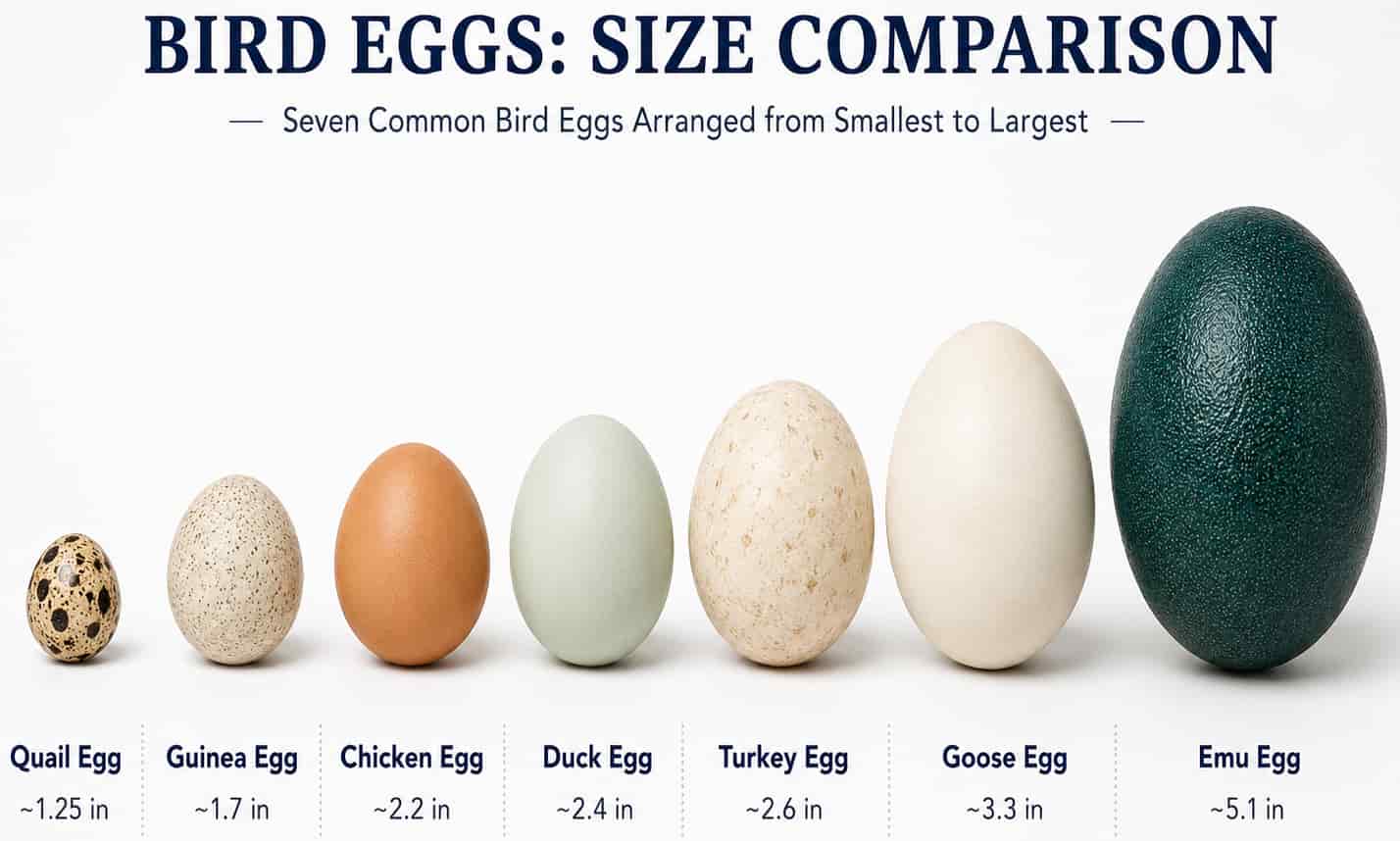 Comparison of farm egg types including chicken, duck, goose, quail, guinea, turkey, and emu eggs